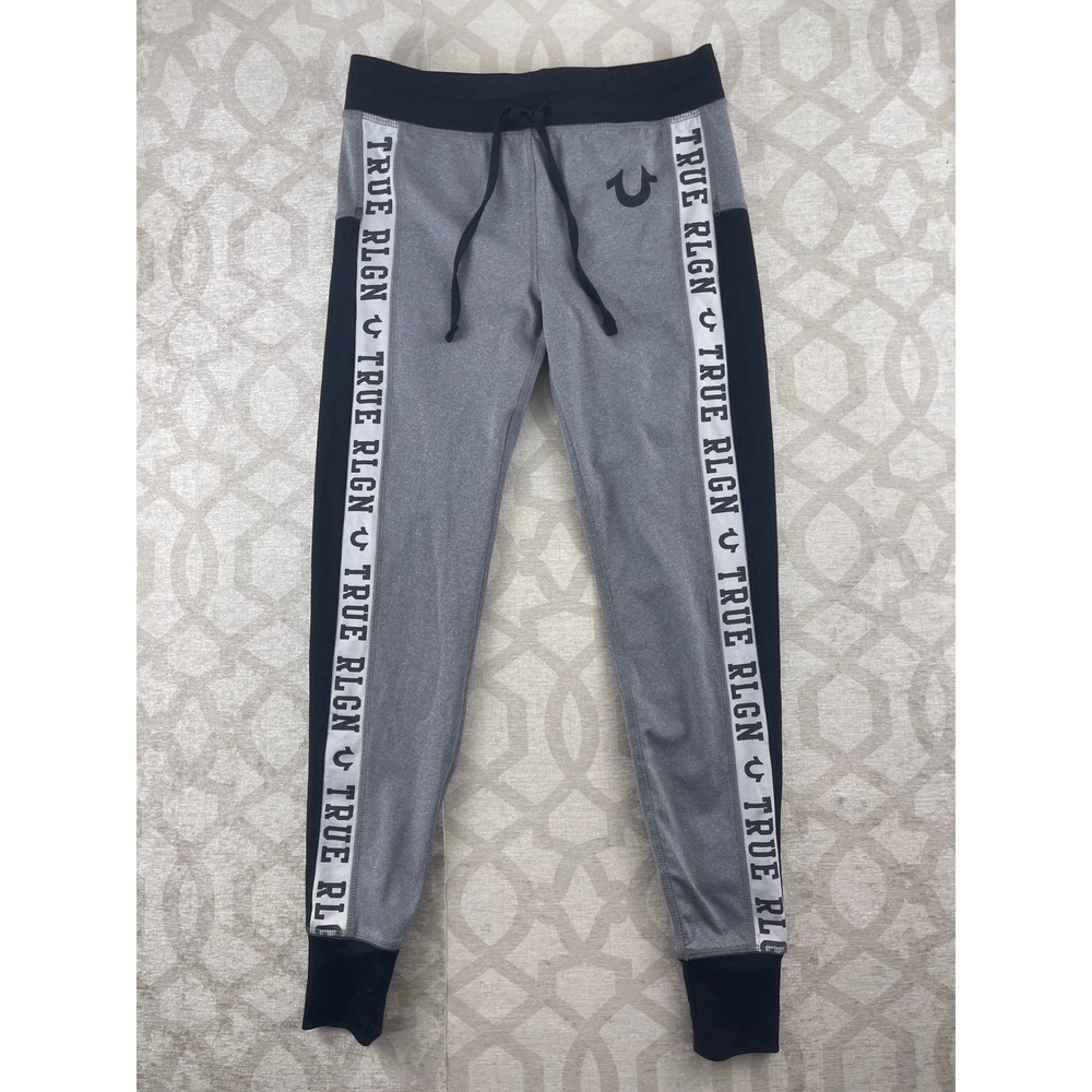 True Religion Joggers Womens Small Gray Black Logo Tape Slim Sweatpants Stretch